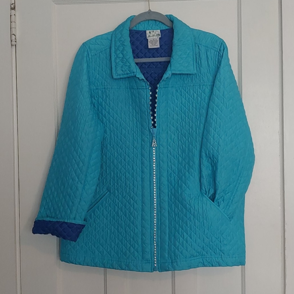 Quacker Factory Turquoise Quilted Zip Jacket with Navy Lining